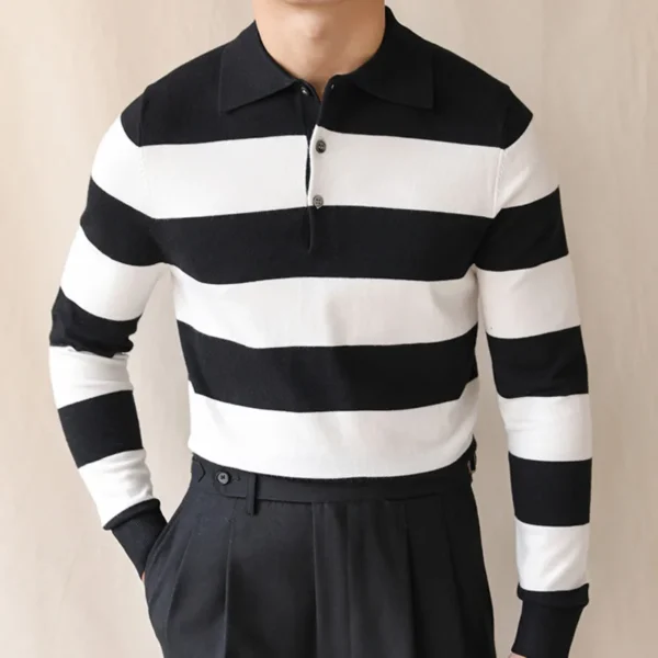 Contrast Color Striped Polo Knitted Sweater P0024 - Image 2