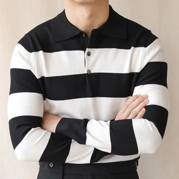 Contrast Color Striped Polo Knitted Sweater P0024 - Image 4