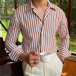 Stripe Shirts Men's Cuba Collar Long Sleeve Shirt P0129