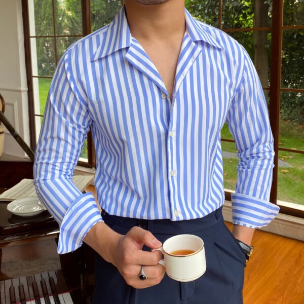 Stripe Shirts Men's Cuba Collar Long Sleeve Shirt P0129 - Image 4