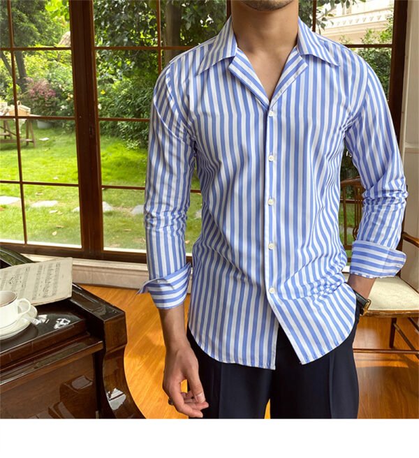 Stripe Shirts Men's Cuba Collar Long Sleeve Shirt P0129 - Image 5