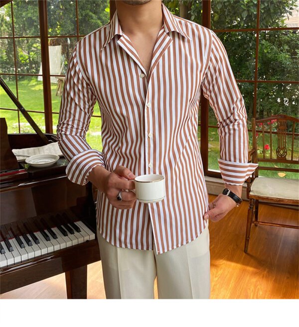 Stripe Shirts Men's Cuba Collar Long Sleeve Shirt P0129 - Image 3