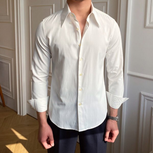 Men Cuba Collar Slim Solid White Shirt P0113 - Image 3