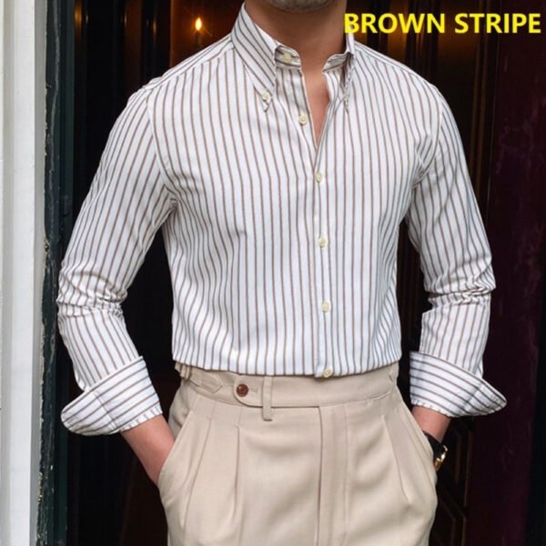 British Style Men Long Sleeve Striped Shirt P0109 - Image 3