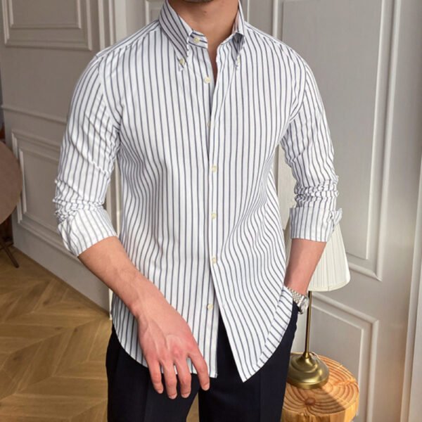 British Style Men Long Sleeve Striped Shirt P0109 - Image 2