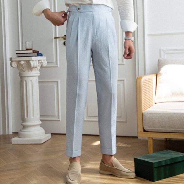 Blue Stripe Seersucker High Waist Straight Pants P0106 - Image 6