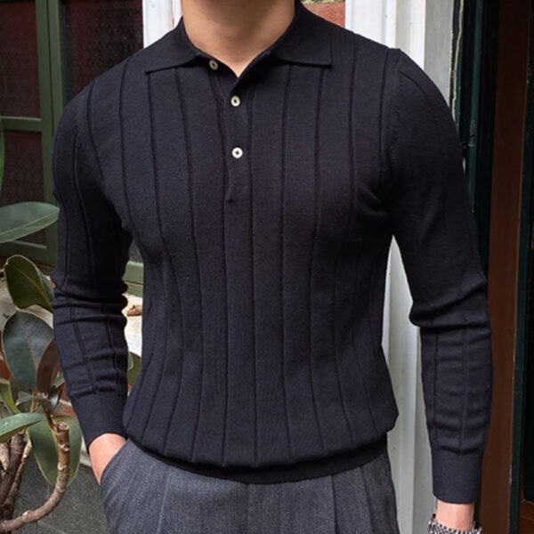Lapel Jacquard Striped Knitted Sweater P0095 - Image 4