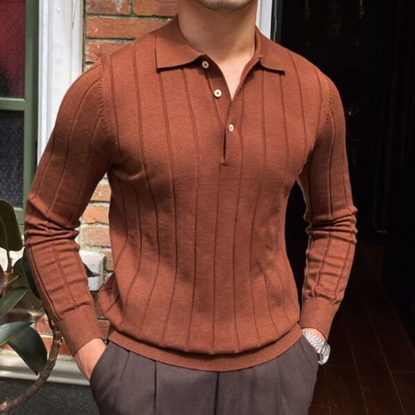 Lapel Jacquard Striped Knitted Sweater P0095 - Image 2