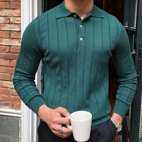 Lapel Jacquard Striped Knitted Sweater P0095 - Image 3