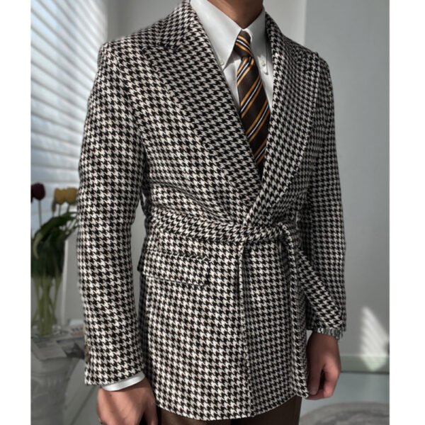 Woolen Plaid Belt Suit Blazers JacketP0081 - Image 2