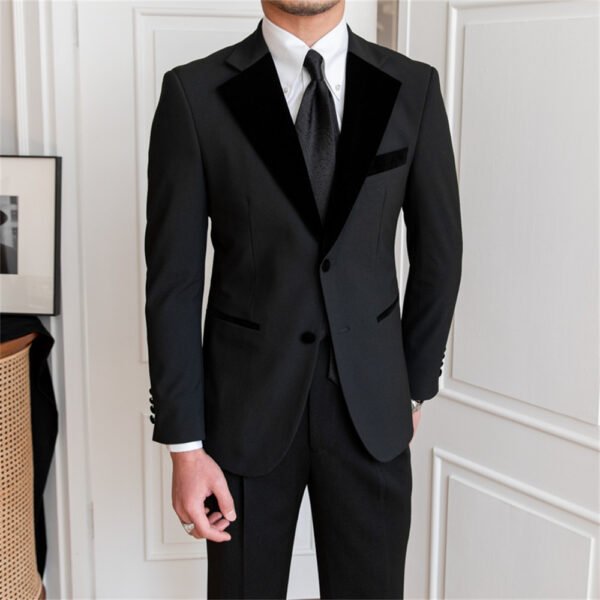 British Spliced Velvet Suit Two Piece Wedding Party Suit P0064 - Image 3