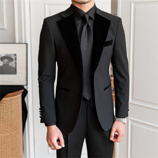 British Spliced Velvet Suit Two Piece Wedding Party Suit P0064 - Image 4
