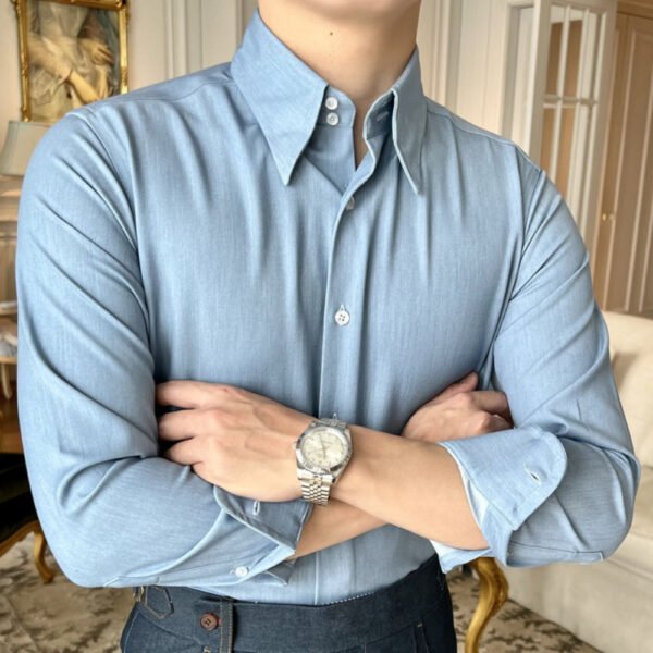 Pointed Collar Long-sleeved Denim Blue Shirt P0143 - Image 5