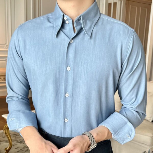 Pointed Collar Long-sleeved Denim Blue Shirt P0143