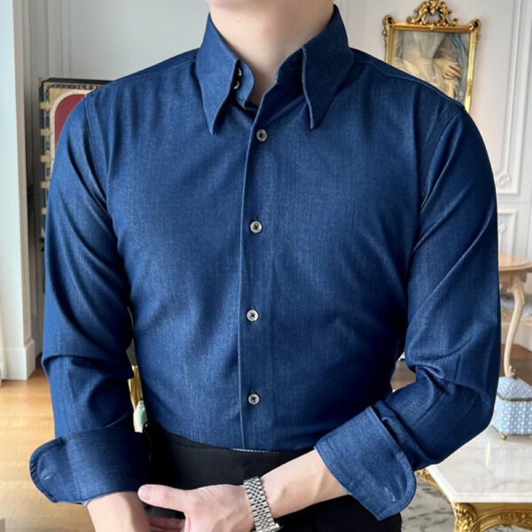 Pointed Collar Long-sleeved Denim Blue Shirt P0143 - Image 2