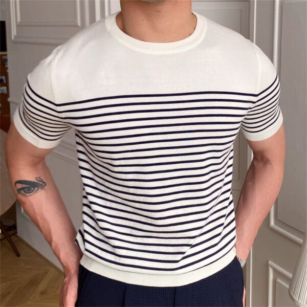 Splicing Striped Tee Shirt Men Short Sleeve P0150 - Image 2