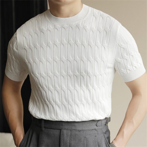 Simple Solid Color Jacquard Slim Knitted T Shirt P0152 - Image 3