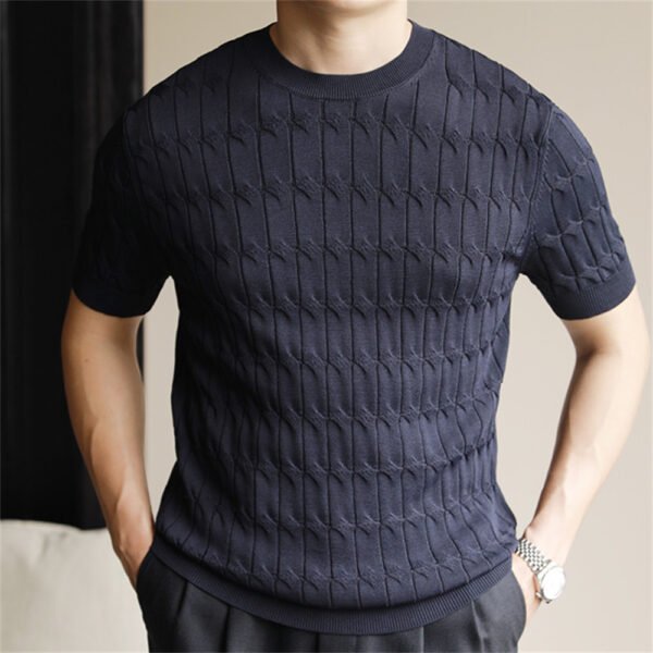 Simple Solid Color Jacquard Slim Knitted T Shirt P0152 - Image 4