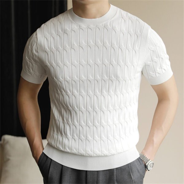Simple Solid Color Jacquard Slim Knitted T Shirt P0152 - Image 2