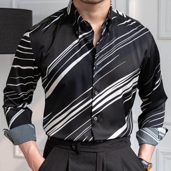 Black White Contrast Stripes Slim Shirt P0162 - Image 2