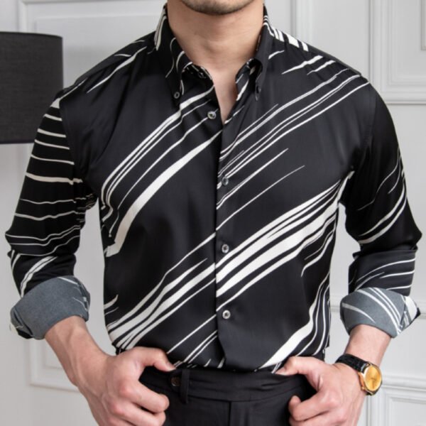 Black White Contrast Stripes Slim Shirt P0162 - Image 4