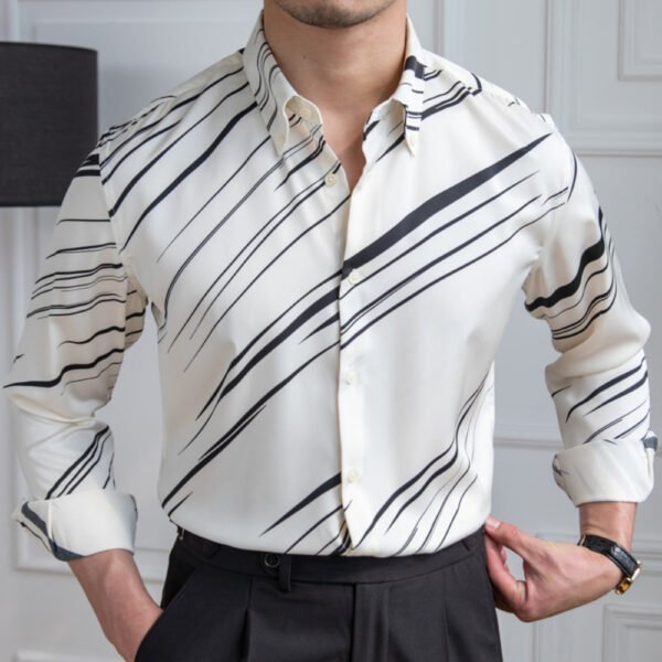 Black White Contrast Stripes Slim Shirt P0162 - Image 6