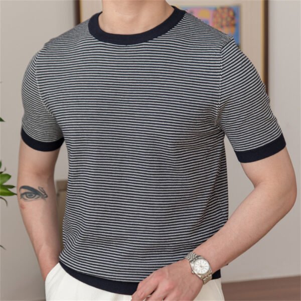 Patchwork Stripe Slim Knitted T Shirt P0174 - Image 5