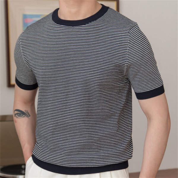 Patchwork Stripe Slim Knitted T Shirt P0174 - Image 3
