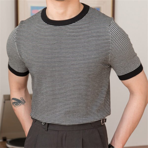 Patchwork Stripe Slim Knitted T Shirt P0174 - Image 2