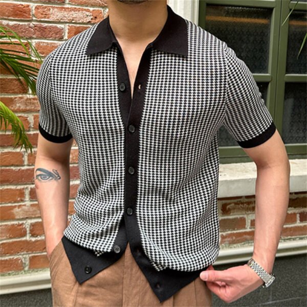 Houndstooth Contrast Color Knitted Cardigan Men P0184