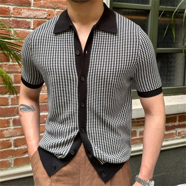 Houndstooth Contrast Color Knitted Cardigan Men P0184 - Image 4