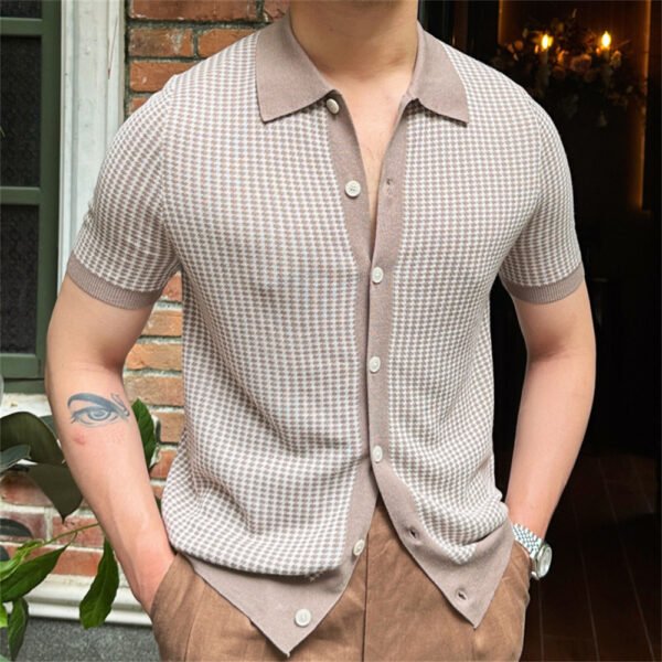 Houndstooth Contrast Color Knitted Cardigan Men P0184 - Image 2