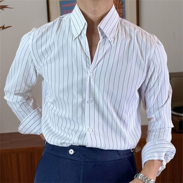 Stripe Men's British Long Sleeve Shirt P0219 - Image 5