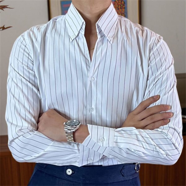 Stripe Men's British Long Sleeve Shirt P0219 - Image 4