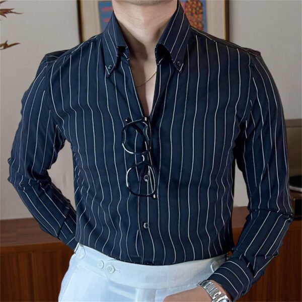 Stripe Men's British Long Sleeve Shirt P0219 - Image 6