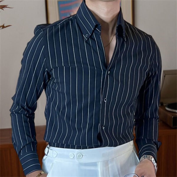 Stripe Men's British Long Sleeve Shirt P0219 - Image 2