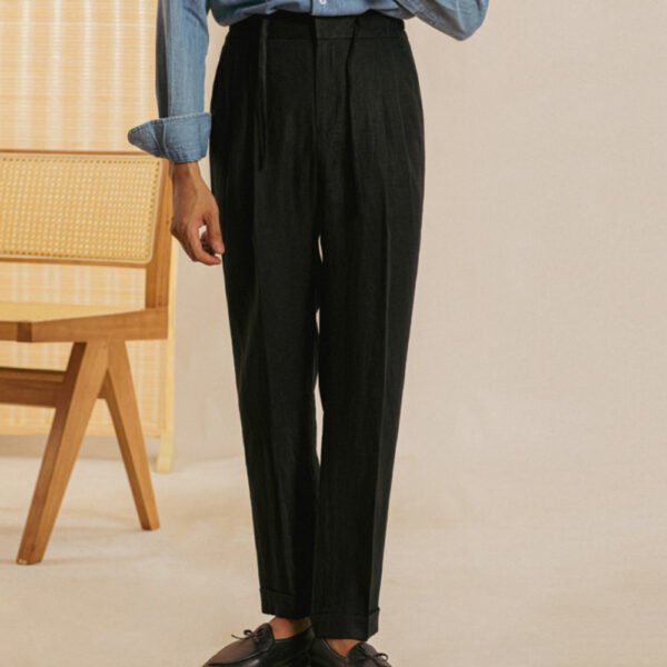 Casual Elastic Waist Double Pleated Linen Pant P0235 - Image 3