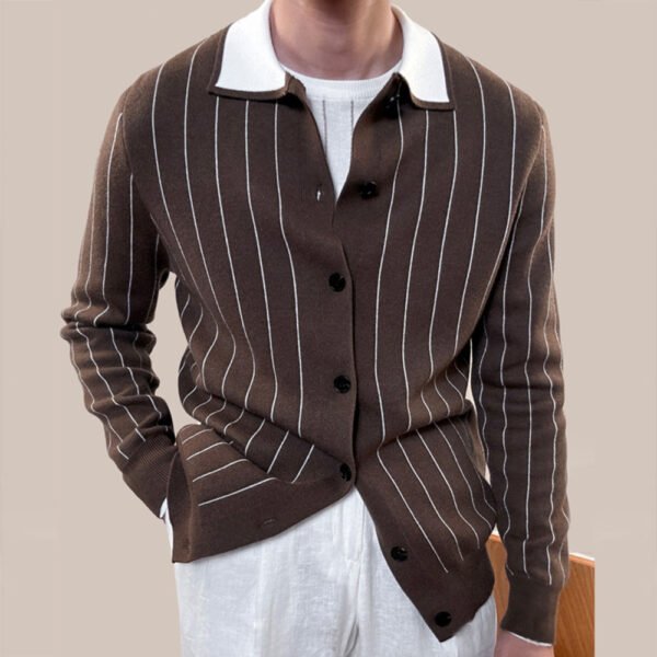 Lapel Striped Sweater Knitting Cardigan P0040 - Image 2