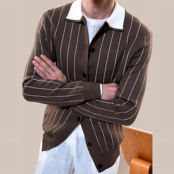 Lapel Striped Sweater Knitting Cardigan P0040 - Image 4