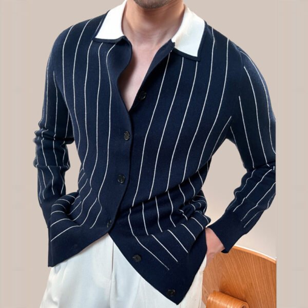 Lapel Striped Sweater Knitting Cardigan P0040 - Image 5