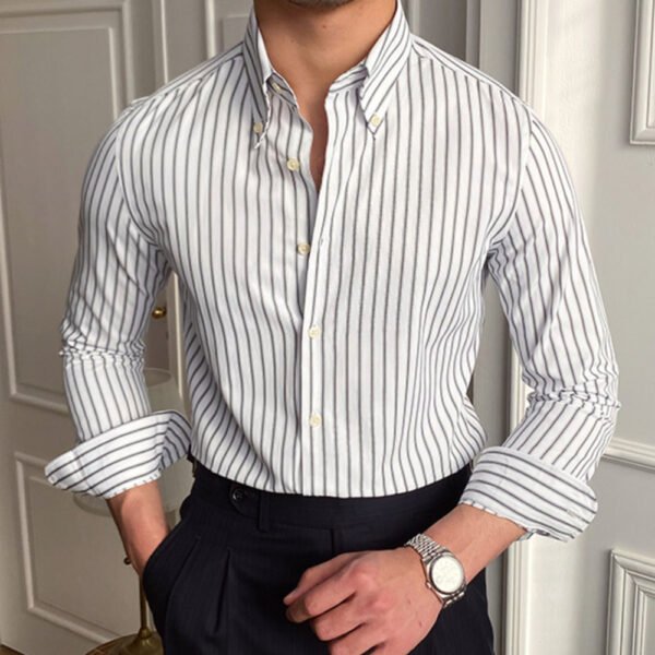 British Style Men Long Sleeve Striped Shirt P0109 - Image 4