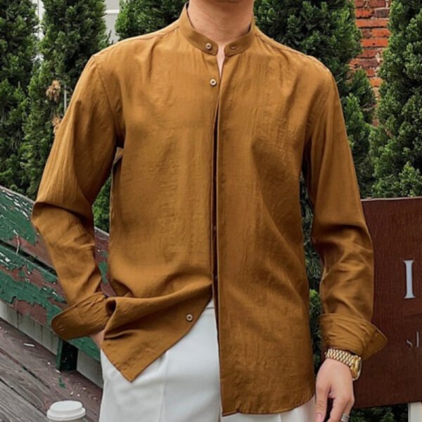 Stand Collar Linen Long Sleeve Solid Color Shirt P0322