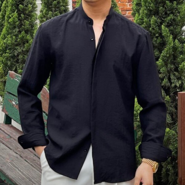 Stand Collar Linen Long Sleeve Solid Color Shirt P0322 - Image 2