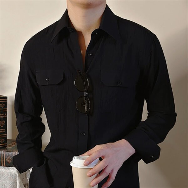 Lapel Collar Linen Long Sleeve Shirt P0313 - Image 4