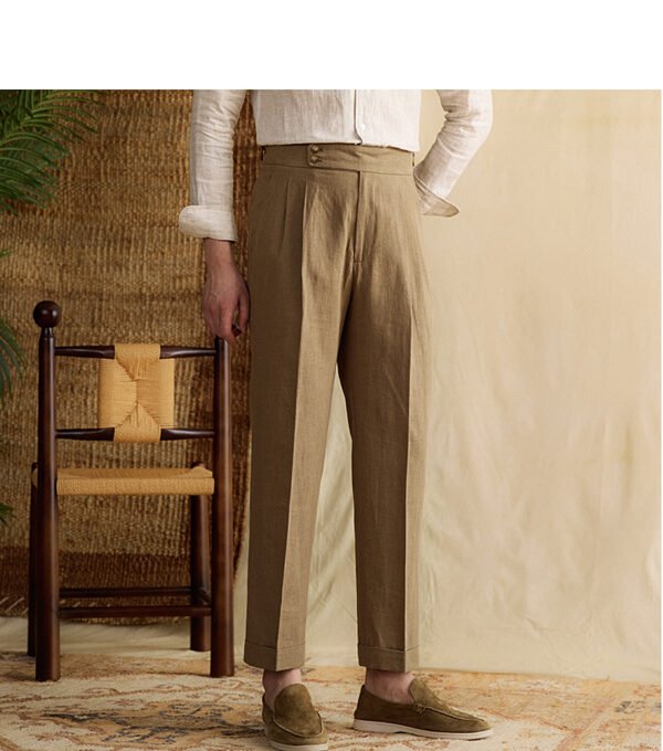 Linen High Waist Straight Pants Men Formal Pant Social Trouser P0370 - Image 11