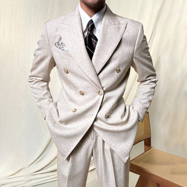 Linen Blended Suit Set for Men Double breasted Buckle Suit P0362 - Image 9