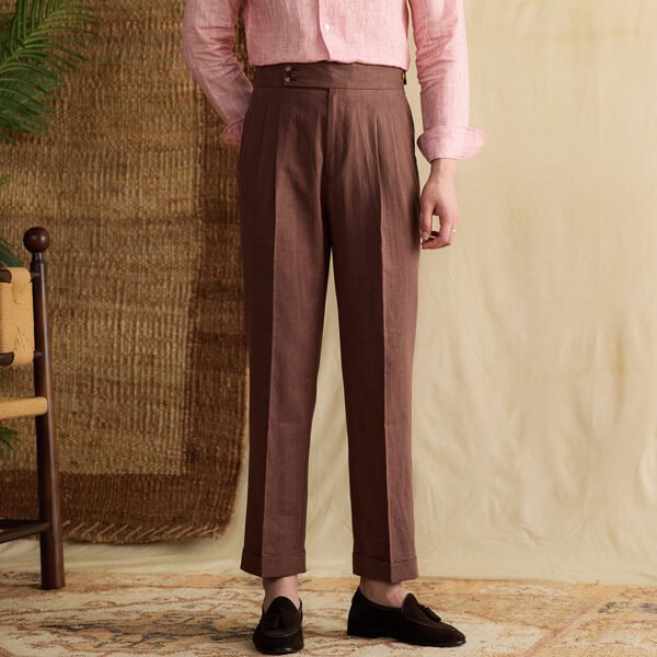 Linen High Waist Straight Pants Men Formal Pant Social Trouser P0370 - Image 4