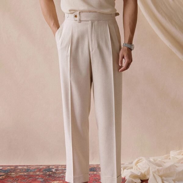 Cotton Linen High Waist Trousers Mens Office Pants P0380 - Image 4